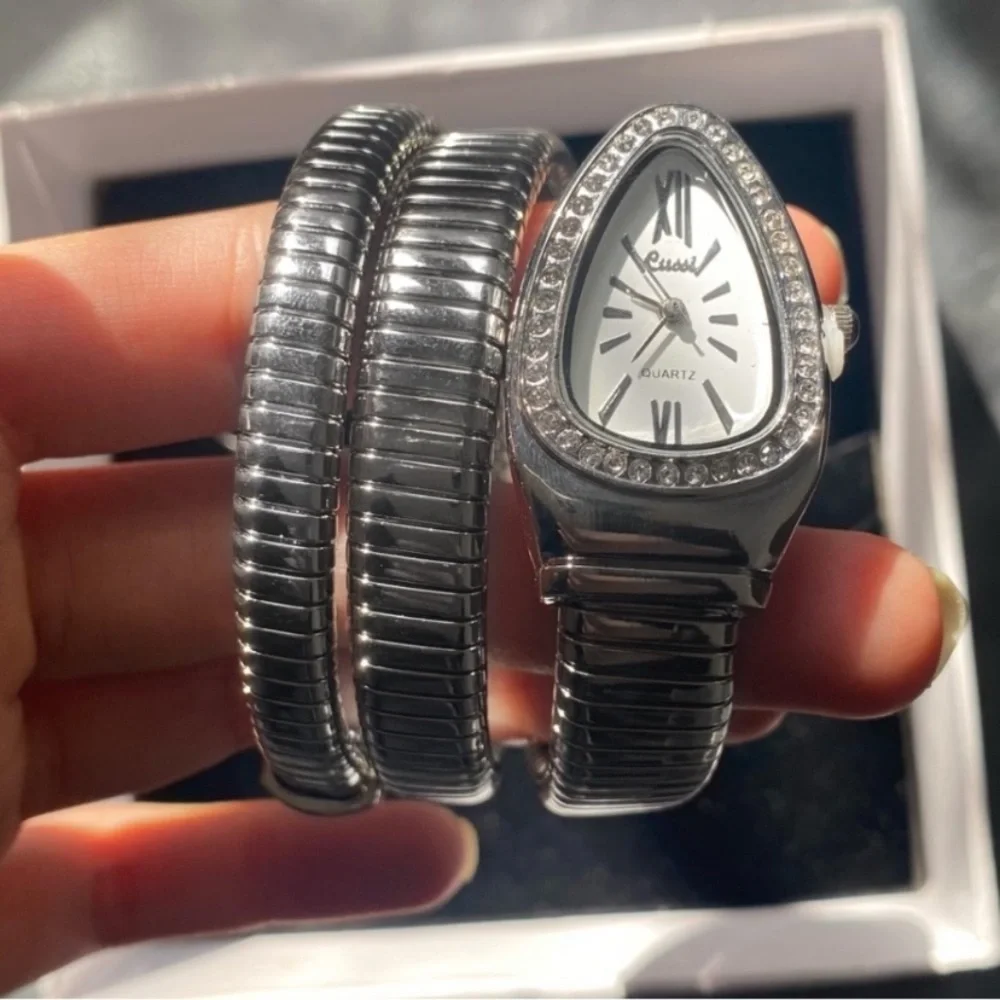 Anthropologie Silver Coil Wrap Watch with Crystal Bezel